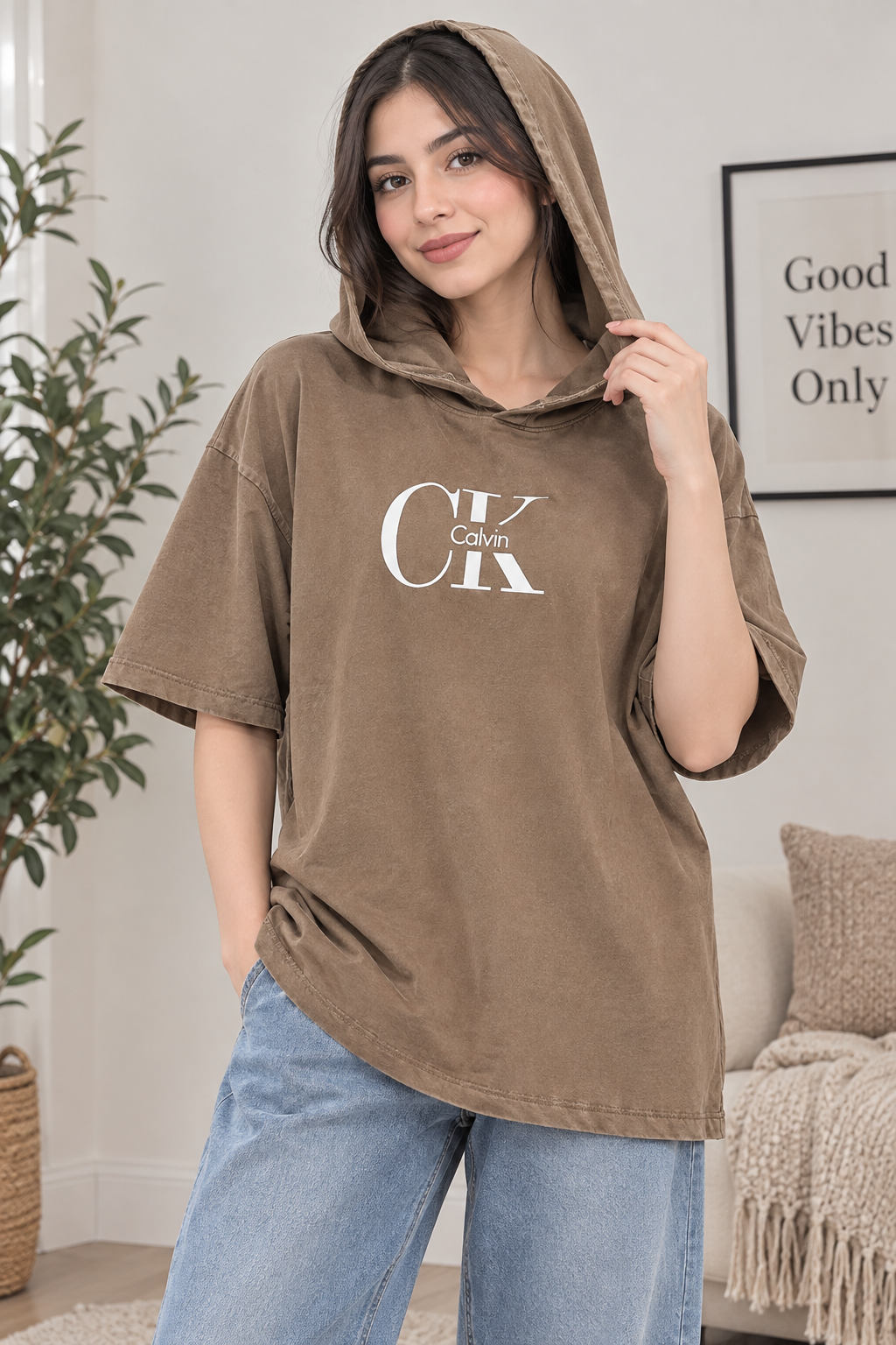 تیشرت باکسی دخترونه  کلاهدار CLVIN